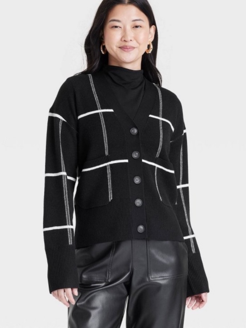 A New Day Black Windowpane Plaid Cardigan Sweater